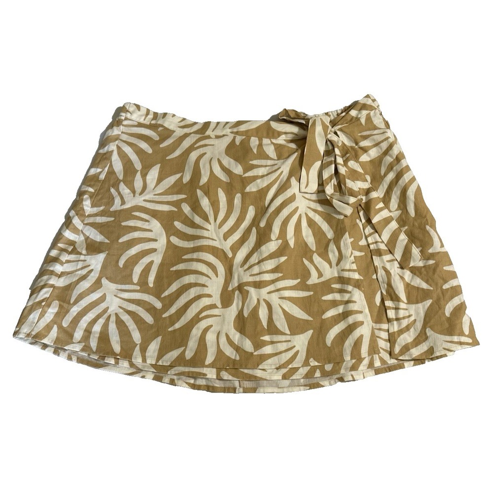 A New Day Tropical Leaf Wrap Mini Skirt Womens XL Tan White Linen Blend